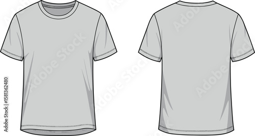 Basic short sleeve t-shirt sketch, front and back technical view, round neckline, plain gray design, garment illustration, minimalist casual wear, modern apparel layout
