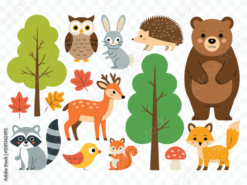 woodland creatures cartoon vector with bear fox deer rabbit raccoon squirrel and nature elements for kids clipart