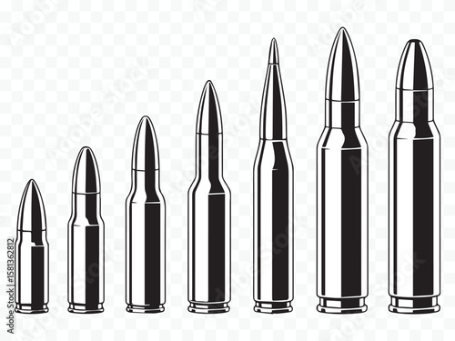 detailed vector illustration of various bullet calibers for military, hunting, and defense graphic design projects