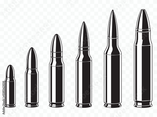 high quality scalable bullet vector showcasing multiple ammunition calibers for firearm, tactical, and combat visual content