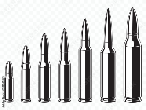 realistic cartridge and shell vector art featuring different bullet sizes for weaponry, ballistics, and hunting-themed layouts