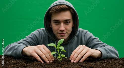 Man tending fireplace with shovel, green screen backdrop for cozy interior scene in home, domestic life with focus on warmth and hearth.