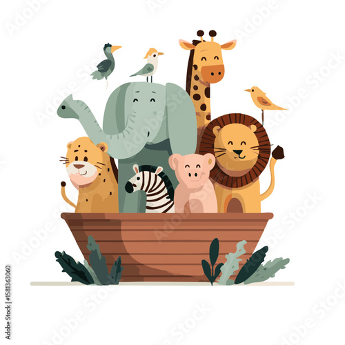 Vector illustration of ark with animals joyful floating on white background
