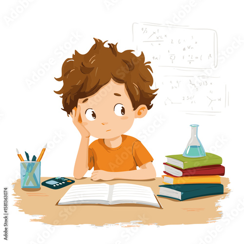 Vector illustration of boy solving math focused thinking on white background
