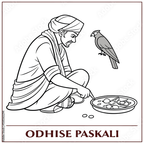 Man feeding bird from bowl turban traditional clothing