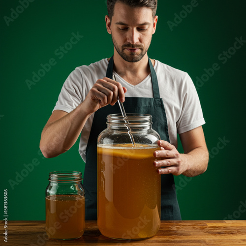A man, wearing an apron, stirs a large jar of fermented beverage.