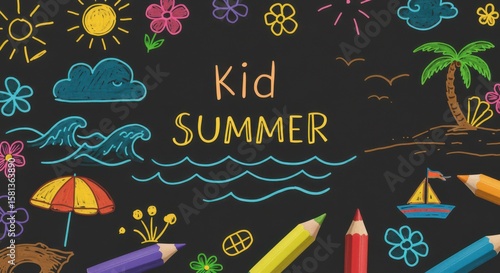 Beach summer pattern. Sea seamless bg. Crayon element background with palm, sun, watermelon, straw hat, flower, shell, rainbow. Kid boho abstract travel seamless pattern. Crayon child summer sea beach