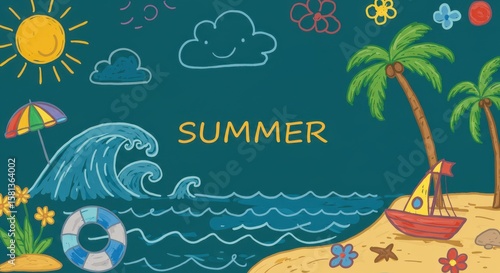 Beach summer pattern. Sea seamless bg. Crayon element background with palm, sun, watermelon, straw hat, flower, shell, rainbow. Kid boho abstract travel seamless pattern. Crayon child summer sea beach