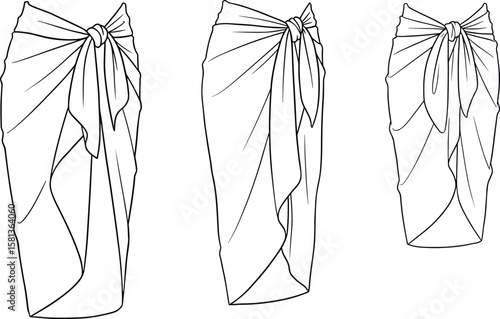 Sarong wrap skirt fashion vector template, three tying styles sketch, front view illustration, knot detail, draped design mockup, beachwear garment construction art
