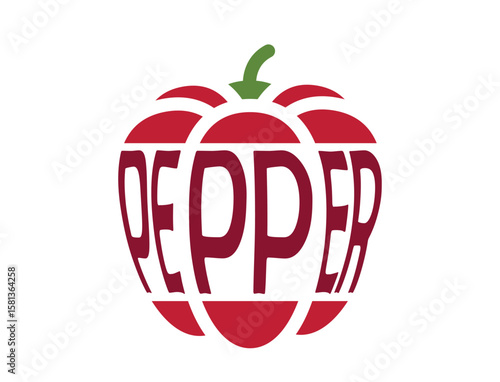 Bell pepper with inscription pepper. Vegetable, planting and harvest symbol. Natural organic food. Isolated vector image