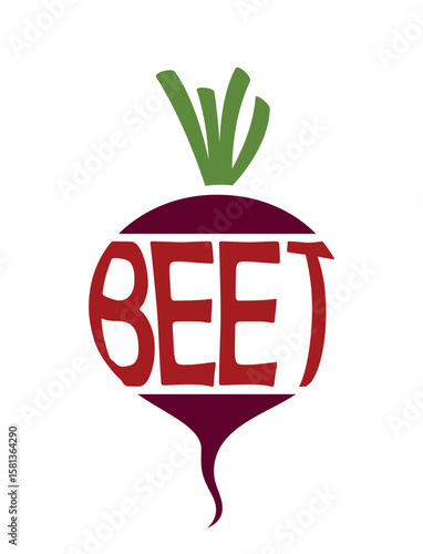 Beetroot with inscription beet. Vegetable, planting and harvest symbol. Natural organic food. Isolated vector image