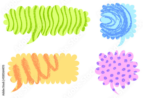 Set of four colorful speech bubbles with unique textures and hand-drawn patterns on a white background.