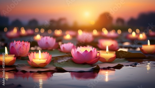 celebration of vesak with lotus flowers and glowing candles in a tranquil setting at sunset