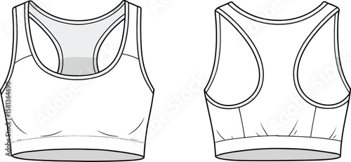 Women’s Sports Bra Front and Back View, Racerback Design Sketch, Scoop Neckline, Wide Support Band, Fashion Flat Drawing, Technical Apparel Blueprint, Activewear Illustration