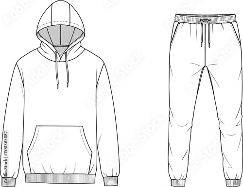 Hoodie and Sweatpants Set, Front View Sketch, Drawstring Hood and Waistband, Ribbed Cuffs Design, Casual Loungewear, Apparel Blueprint, Comfortable Clothing Illustration, Technical Garment Drawing