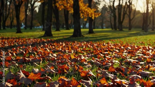 Golden autumn leaves gently swaying on a sunlit park path