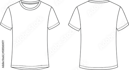 Plain Short Sleeve T-Shirt, Front and Back View, Round Neckline Design, Minimalist Casual Wear, Technical Fashion Sketch, Apparel Blueprint, Clothing Illustration, Unisex Shirt