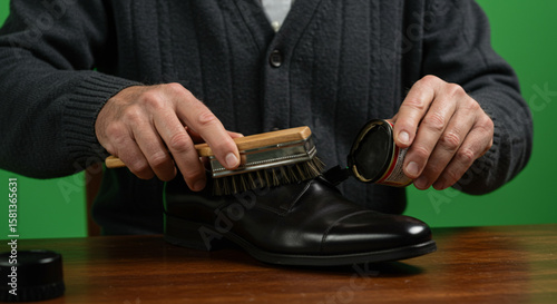 A man polishing a black leather shoe with a brush and shoe polish on a wooden table against a green background.