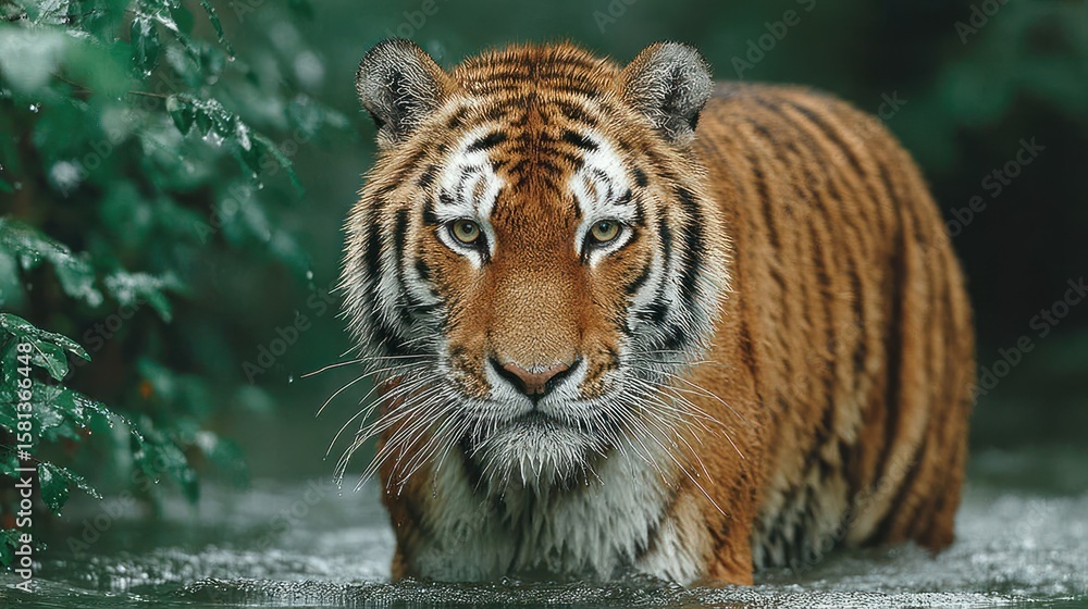 Naklejka premium Tiger wading in shallow water, forest backdrop