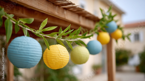 Sukkot sukkah decoration with colorful lanterns, citrus fruits, and greenery for festive celebration