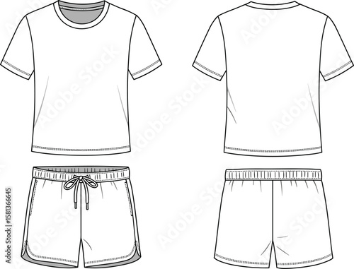 T-shirt and shorts technical fashion sketch, front back view, round neck, elastic waistband, garment template, clothing illustration, casual wear drawing art