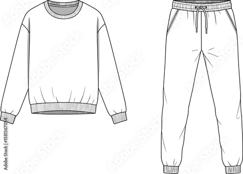 Sweatshirt and sweatpants fashion sketch, front and back view, garment template layout, ribbed cuff detail, drawstring waistband, clothing mockup, white background, vector illustration