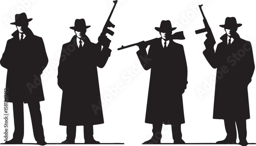 Four men in hats and trench coats holding guns tommy guns