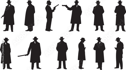 Men in coats and hats holding weapons silhouettes guns
