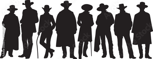 Silhouetted Cowboys Standing Together silhouettes western