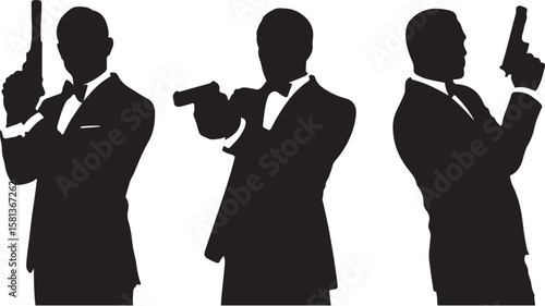 Silhouetted men in suits holding guns tuxedos bow ties