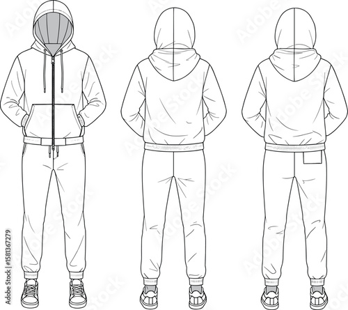 Hoodie and sweatpants fashion sketch, front and back view, garment template layout, stitching detail, zipper design, pocket placement, clothing mockup, white background
