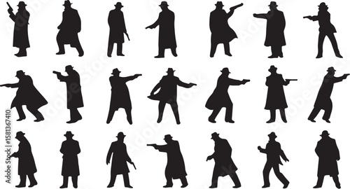 Silhouettes of men in trench coats holding guns fedora hat