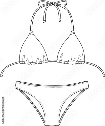 Bikini fashion sketch, halter top and briefs, front view, clothing template, flat vector illustration, garment design, swimwear mockup, stitching detail, white background