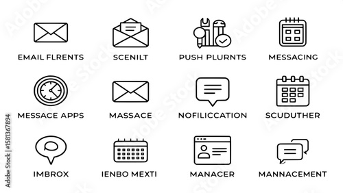 A flat-lay grid of communication platform icons in clean line-art style. Features include symbols for email clients, messaging apps, push notifications, message scheduling, and inbox management. The v