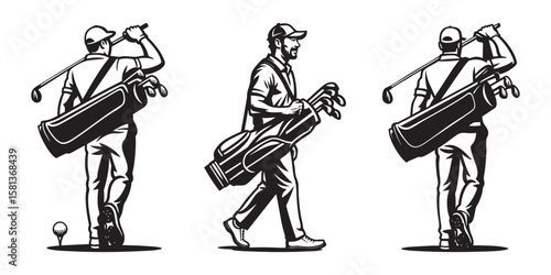 Golf Team & Caddy Group Vector Silhouette - Multiple Players & Bags