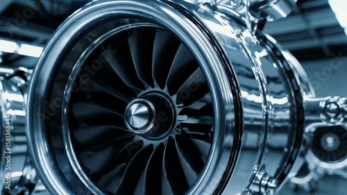 Closeup of spinning turbine engine in detailed mechanical environment