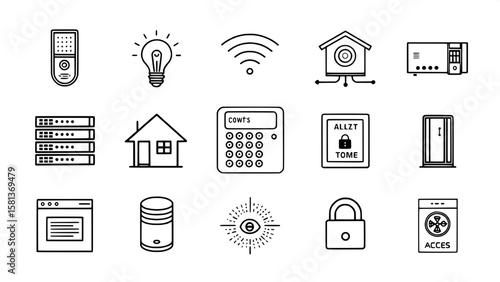 
A modern grid of icons representing security system components. Items shown include central control panels, alert lights, smart home integrations, emergency buttons, and access logs. Each icon is a b