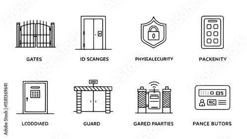 A professional and minimalist icon grid depicting physical security elements. The set includes gates, ID scanners, guard badges, locked cabinets, and panic buttons. All icons are black line art, evenl