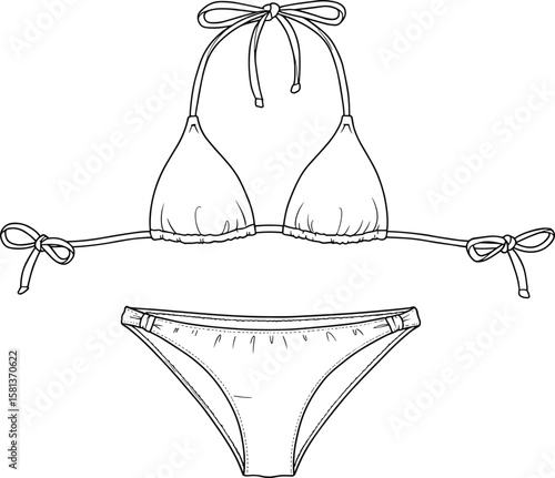 Fashion illustration, bikini sketch, halter top, side tie briefs, swimwear mockup, garment design, technical drawing, stylish outfit, trendy beachwear, apparel vector