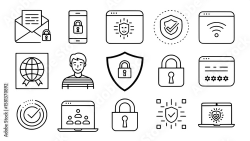 A uniform set of line icons focused on digital privacy and user protection. The icons depict items such as incognito modes, private profiles, password locks, facial ID, and secure messaging. All are s