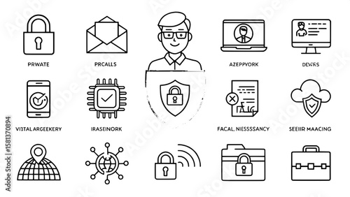 A uniform set of line icons focused on digital privacy and user protection. The icons depict items such as incognito modes, private profiles, password locks, facial ID, and secure messaging. All are s