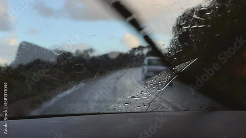 Raindrops on Car Windshield in Rainy Weather