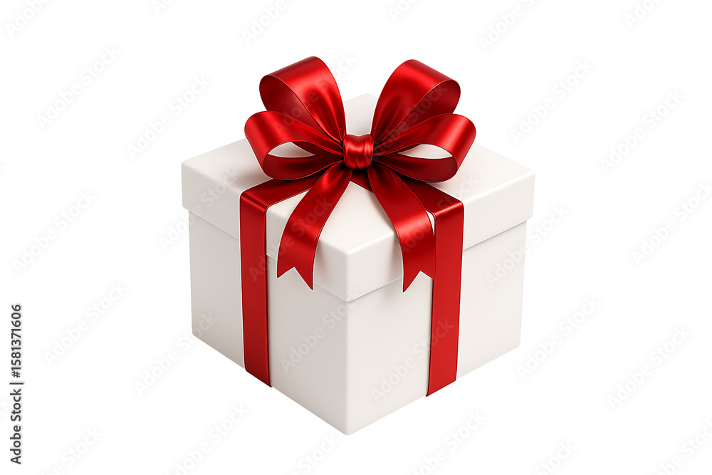 White gift box with red ribbon bow isolated on transparent background White gift box with red ribbon bow isolated on transparent background