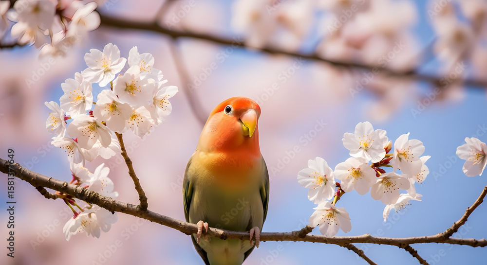 Japanese Lovebird Grace: Peach-Faced Pet on Blooming Cherry Blossom Branch Japanese Lovebird Grace: Peach-Faced Pet on Blooming Cherry Blossom Branch