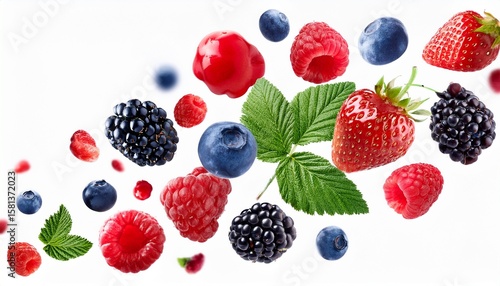 isolated white background showing falling wild berries focused on the mix
