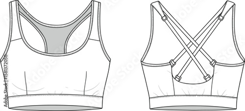 Vector sketch of sports bra with scoop racerback front and crisscross adjustable strap back, technical activewear mockup template for garment fashion and fitness design