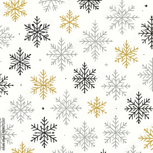A seamless pattern of hand drawn snowflakes in black silver and gold hues scattered across a clean white background