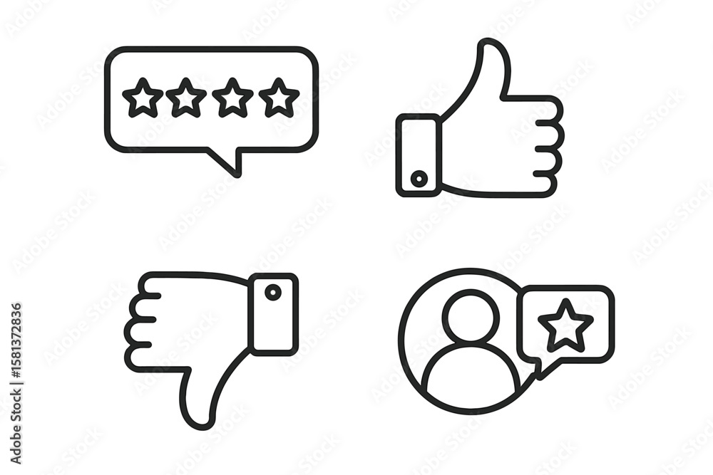 Customer satisfaction linear icons set. Feedback, rating, and review concepts. Web and mobile app symbols. Includes like, dislike, star rating, and customer experience pictograms. Customer satisfaction linear icons set. Feedback, rating, and review concepts. Web and mobile app symbols. Includes like, dislike, star rating, and customer experience pictograms.