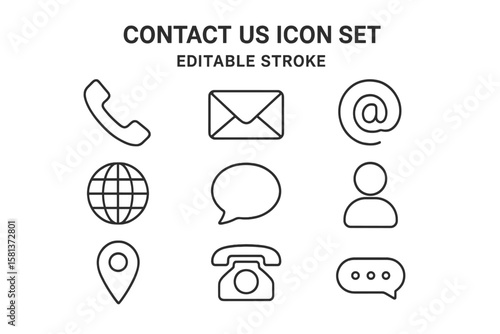 Contact us icon set with editable stroke, thin line social media network icons, communication symbols, phone, email, location, user, chat, transparent background vector