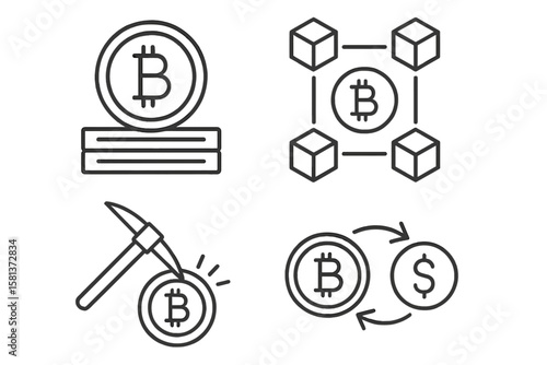 Cryptocurrency set of 4 web icons in line style, Bitcoin linear icon collection, featuring crypto currency, money, blockchain technology, mining, exchange, payment symbols.